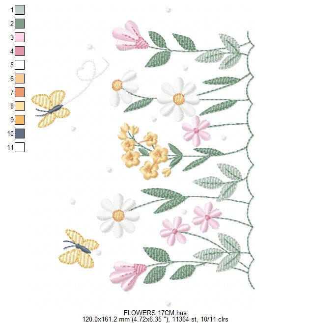 Flower garden embroidery design - Tulip flowers with butterflies machine embroidery pattern - Kitchen Tea towel divider - Instant download