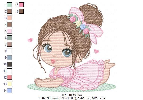 Baby girl with flowers embroidery designs - Princess with long hair and lace machine embroidery pattern - Instant digital download pes dst