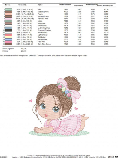 Baby girl with flowers embroidery designs - Princess with long hair and lace machine embroidery pattern - Instant digital download pes dst