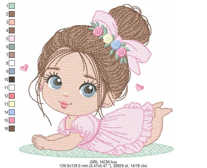 Baby girl with flowers embroidery designs - Princess with long hair and lace machine embroidery pattern - Instant digital download pes dst