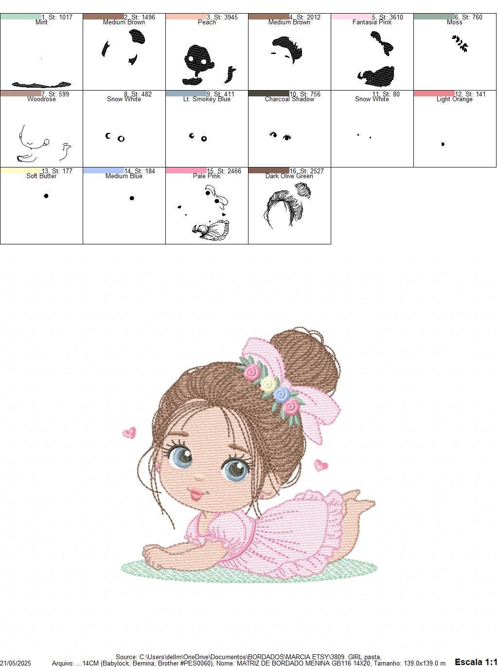Baby girl with flowers embroidery designs - Princess with long hair and lace machine embroidery pattern - Instant digital download pes dst