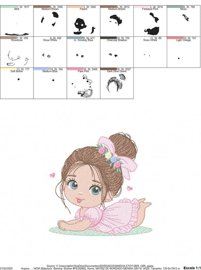 Baby girl with flowers embroidery designs - Princess with long hair and lace machine embroidery pattern - Instant digital download pes dst