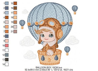 Hot air Balloon embroidery designs - Baby Boy in a Balloon with clouds machine embroidery pattern - Instant digital download pes jef dst vp3