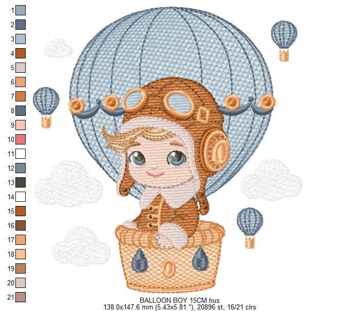 Hot air Balloon embroidery designs - Baby Boy in a Balloon with clouds machine embroidery pattern - Instant digital download pes jef dst vp3
