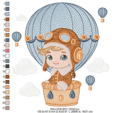 Hot air Balloon embroidery designs - Baby Boy in a Balloon with clouds machine embroidery pattern - Instant digital download pes jef dst vp3