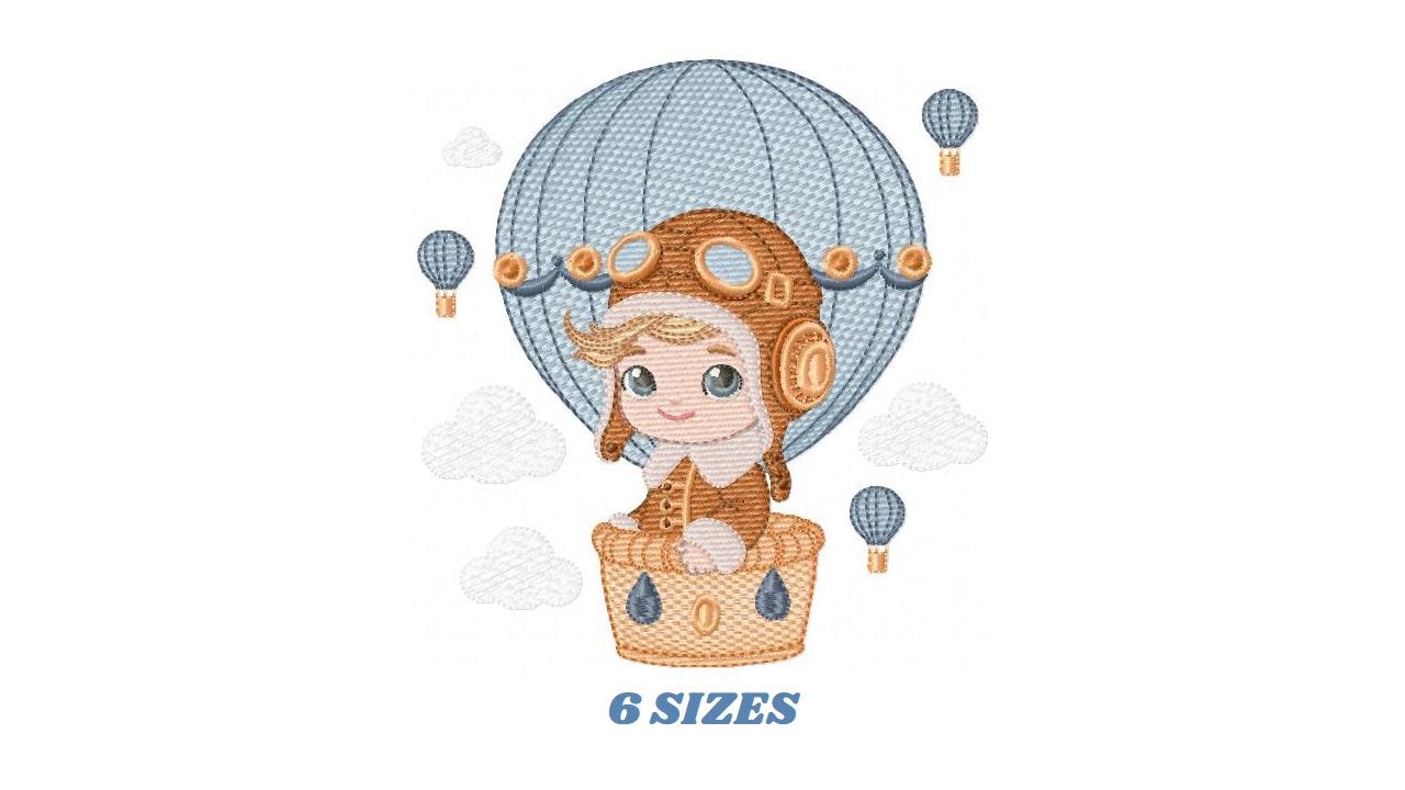 Hot air Balloon embroidery designs - Baby Boy in a Balloon with clouds machine embroidery pattern - Instant digital download pes jef dst vp3