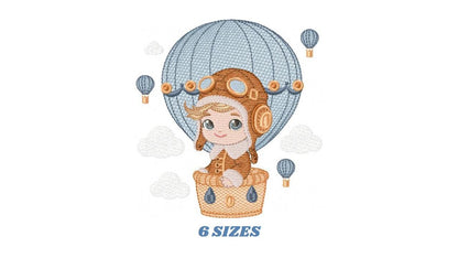 Hot air Balloon embroidery designs - Baby Boy in a Balloon with clouds machine embroidery pattern - Instant digital download pes jef dst vp3