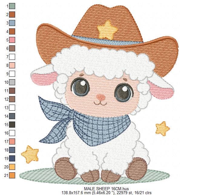 Male Sheep embroidery design - Lamb with cowboy hat machine embroidery pattern - Newborn Baby boy file - Instant download pes jef dst vp3