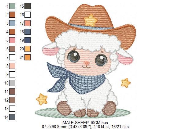 Male Sheep embroidery design - Lamb with cowboy hat machine embroidery pattern - Newborn Baby boy file - Instant download pes jef dst vp3