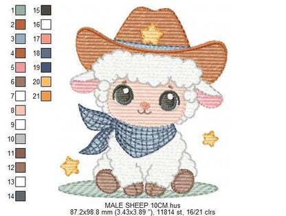 Male Sheep embroidery design - Lamb with cowboy hat machine embroidery pattern - Newborn Baby boy file - Instant download pes jef dst vp3