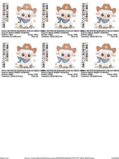 Male Sheep embroidery design - Lamb with cowboy hat machine embroidery pattern - Newborn Baby boy file - Instant download pes jef dst vp3