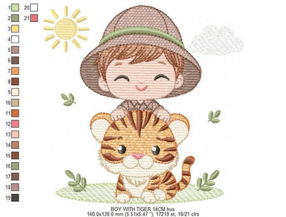 Baby Boy with tiger embroidery designs - Safari wild Animals machine embroidery pattern - Baby Boy Safari Explorer - Instant download pes