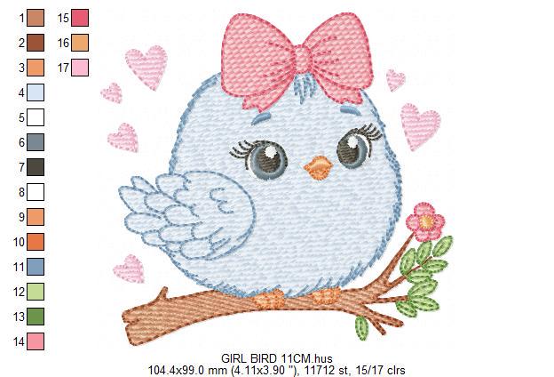 Bird embroidery designs - Baby Girl Bird with bow lace machine embroidery pattern - Spring Garden Nature file - Instant download jef pes hus