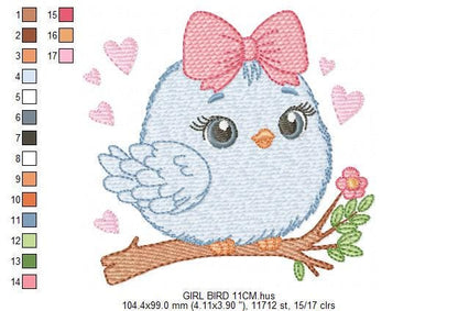 Bird embroidery designs - Baby Girl Bird with bow lace machine embroidery pattern - Spring Garden Nature file - Instant download jef pes hus