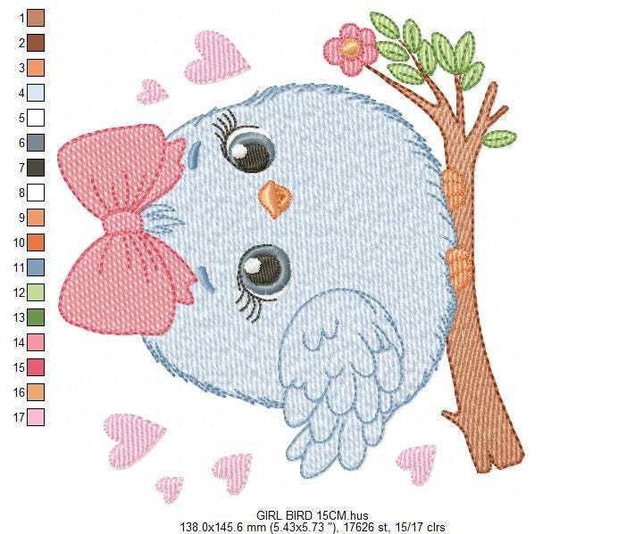 Bird embroidery designs - Baby Girl Bird with bow lace machine embroidery pattern - Spring Garden Nature file - Instant download jef pes hus