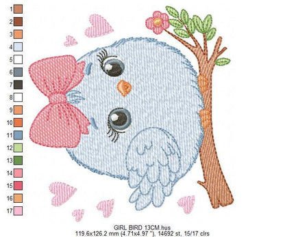 Bird embroidery designs - Baby Girl Bird with bow lace machine embroidery pattern - Spring Garden Nature file - Instant download jef pes hus