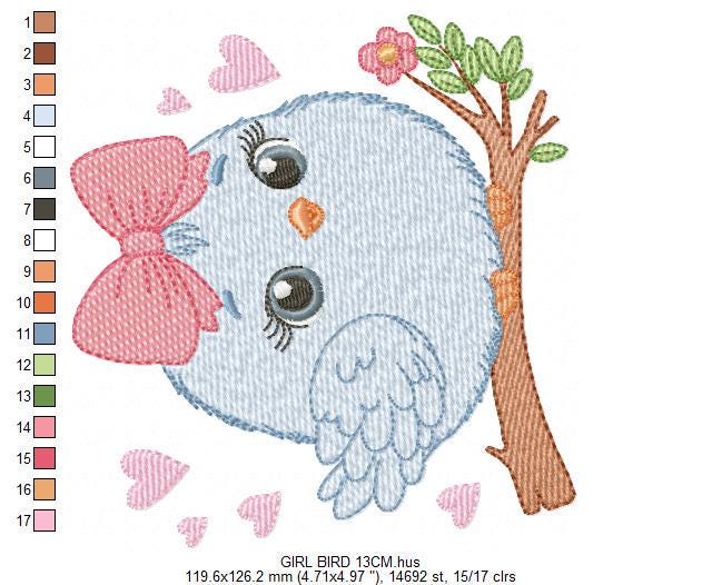 Bird embroidery designs - Baby Girl Bird with bow lace machine embroidery pattern - Spring Garden Nature file - Instant download jef pes hus