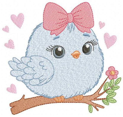 Bird embroidery designs - Baby Girl Bird with bow lace machine embroidery pattern - Spring Garden Nature file - Instant download jef pes hus