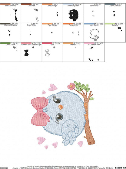 Bird embroidery designs - Baby Girl Bird with bow lace machine embroidery pattern - Spring Garden Nature file - Instant download jef pes hus