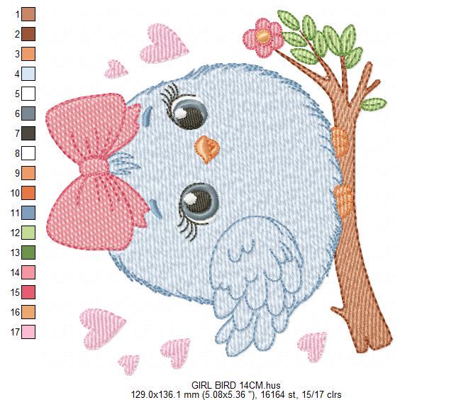 Bird embroidery designs - Baby Girl Bird with bow lace machine embroidery pattern - Spring Garden Nature file - Instant download jef pes hus