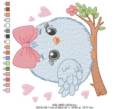 Bird embroidery designs - Baby Girl Bird with bow lace machine embroidery pattern - Spring Garden Nature file - Instant download jef pes hus