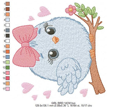 Bird embroidery designs - Baby Girl Bird with bow lace machine embroidery pattern - Spring Garden Nature file - Instant download jef pes hus