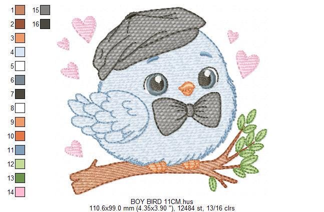 Bird embroidery designs - Baby boy bird with bow tie machine embroidery pattern - Spring Garden Nature - Instant download jef pes dst vp3