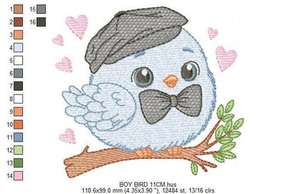 Bird embroidery designs - Baby boy bird with bow tie machine embroidery pattern - Spring Garden Nature - Instant download jef pes dst vp3