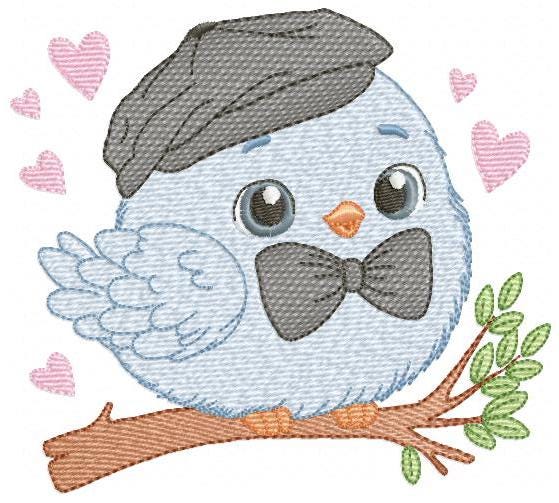 Bird embroidery designs - Baby boy bird with bow tie machine embroidery pattern - Spring Garden Nature - Instant download jef pes dst vp3