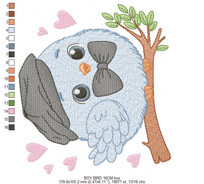 Bird embroidery designs - Baby boy bird with bow tie machine embroidery pattern - Spring Garden Nature - Instant download jef pes dst vp3
