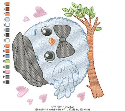 Bird embroidery designs - Baby boy bird with bow tie machine embroidery pattern - Spring Garden Nature - Instant download jef pes dst vp3