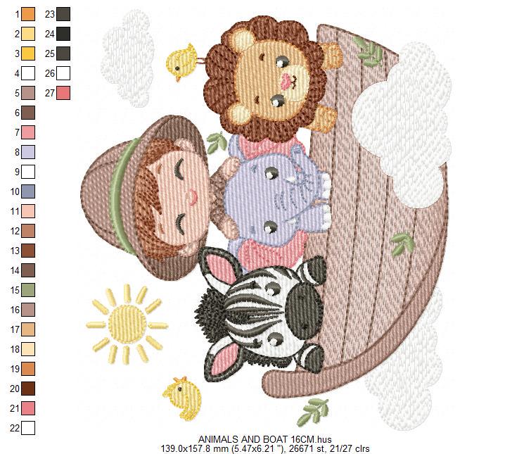 Safari Wild Animal embroidery designs - Elephant Zebra Lion in a boat machine embroidery pattern - Baby Boy Explorer file - Instant download