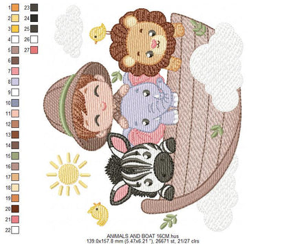Safari Wild Animal embroidery designs - Elephant Zebra Lion in a boat machine embroidery pattern - Baby Boy Explorer file - Instant download