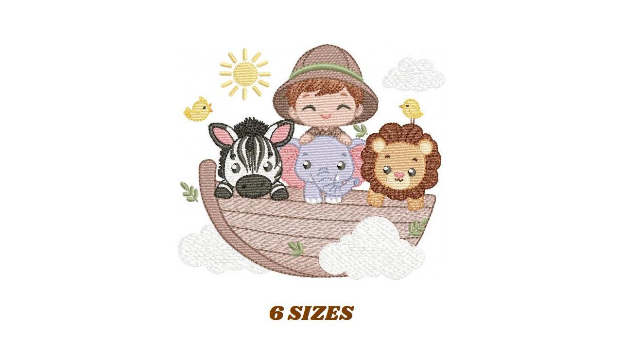 Safari Wild Animal embroidery designs - Elephant Zebra Lion in a boat machine embroidery pattern - Baby Boy Explorer file - Instant download