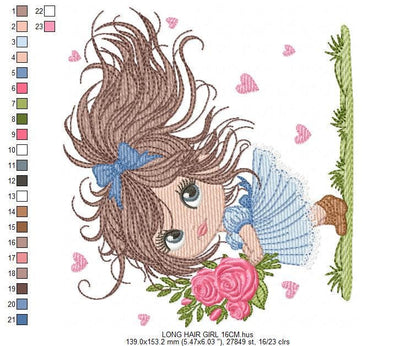 Girl with roses embroidery designs - Baby girl with long hair machine embroidery pattern - Toddler file - Instant digital download pes jef
