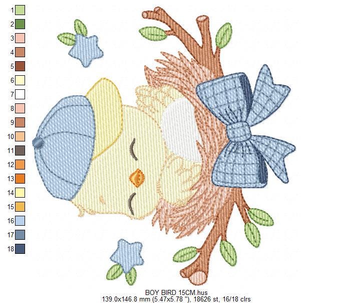 Bird embroidery designs - Baby boy bird with cap machine embroidery pattern - Spring Garden Nature - Instant download jef pes dst hus vp3