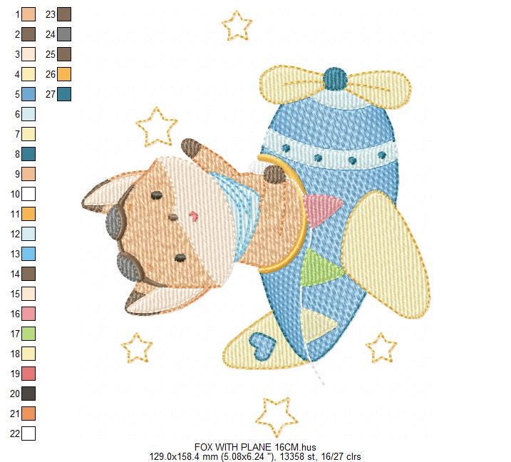 Airplane embroidery designs - Fox Pilot Aviator machine embroidery pattern - Baby Boy plane file - Instant digital download pes jef dst hus