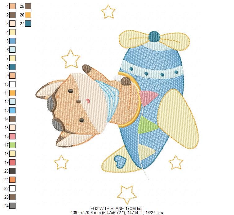 Airplane embroidery designs - Fox Pilot Aviator machine embroidery pattern - Baby Boy plane file - Instant digital download pes jef dst hus