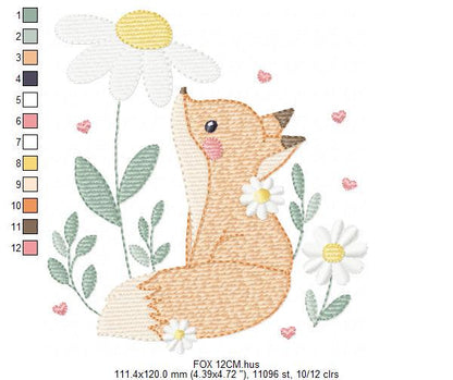 Fox with flowers embroidery designs - Woodland animal machine embroidery pattern - Baby girl and boy file - Instant download pes jef dst hus