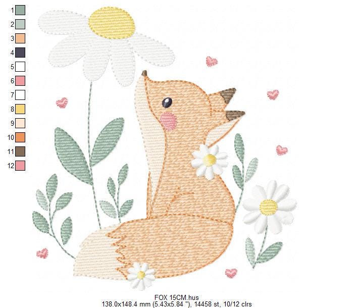 Fox with flowers embroidery designs - Woodland animal machine embroidery pattern - Baby girl and boy file - Instant download pes jef dst hus