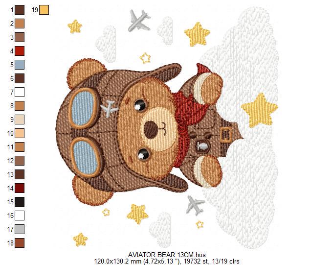 Pilot Bear embroidery designs - Plane with clouds and stars machine embroidery pattern - Aviator Teddy Bear baby boy file - instant download
