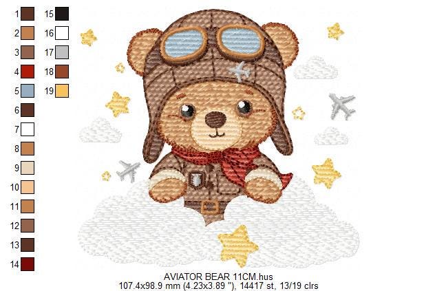 Pilot Bear embroidery designs - Plane with clouds and stars machine embroidery pattern - Aviator Teddy Bear baby boy file - instant download
