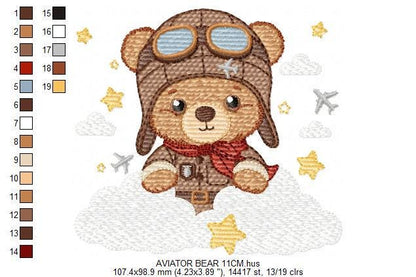 Pilot Bear embroidery designs - Plane with clouds and stars machine embroidery pattern - Aviator Teddy Bear baby boy file - instant download