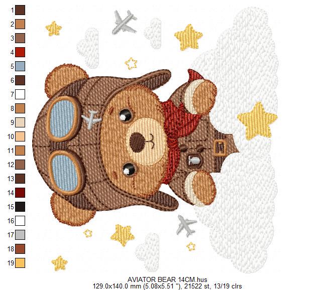 Pilot Bear embroidery designs - Plane with clouds and stars machine embroidery pattern - Aviator Teddy Bear baby boy file - instant download