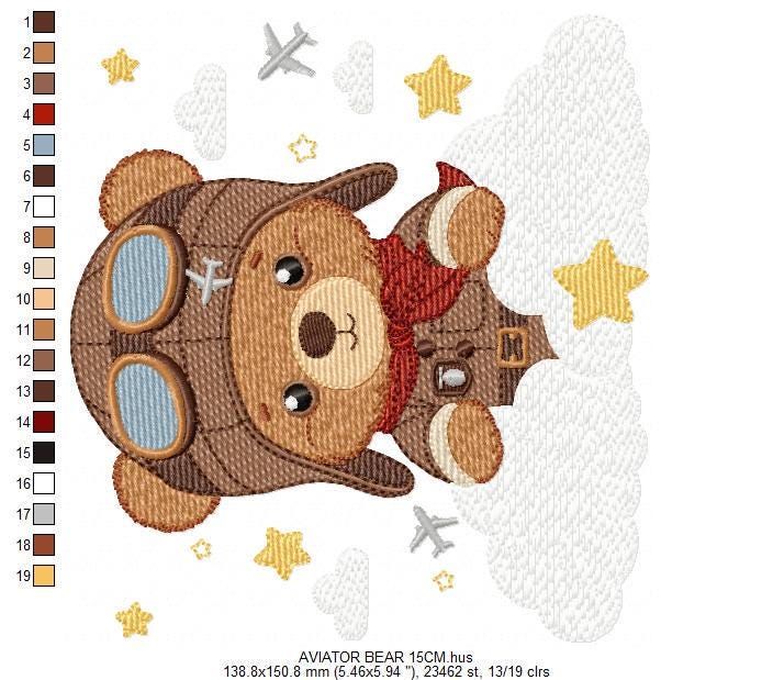 Pilot Bear embroidery designs - Plane with clouds and stars machine embroidery pattern - Aviator Teddy Bear baby boy file - instant download