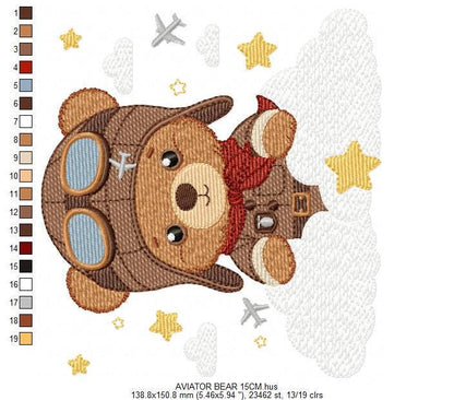 Pilot Bear embroidery designs - Plane with clouds and stars machine embroidery pattern - Aviator Teddy Bear baby boy file - instant download
