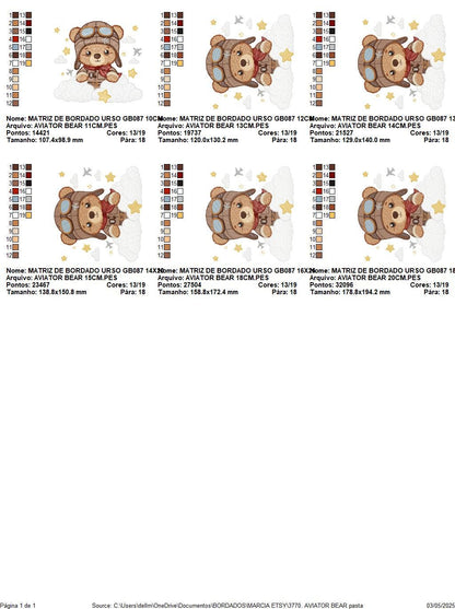 Pilot Bear embroidery designs - Plane with clouds and stars machine embroidery pattern - Aviator Teddy Bear baby boy file - instant download