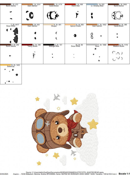 Pilot Bear embroidery designs - Plane with clouds and stars machine embroidery pattern - Aviator Teddy Bear baby boy file - instant download