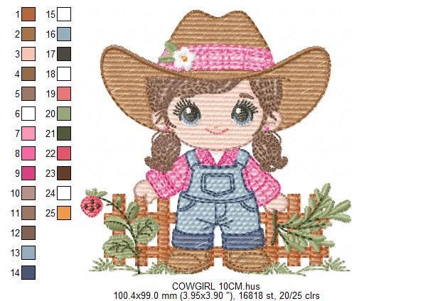 Cowgirl embroidery designs - Cowboy with hat machine embroidery pattern - Baby Girl Farmer file - Instant digital download pes jef dst hus