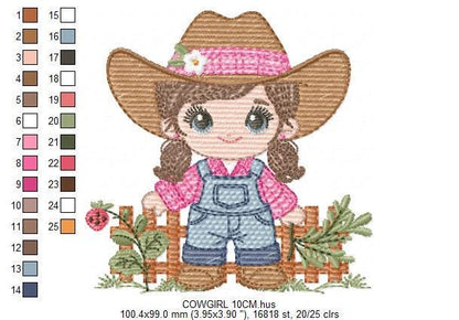 Cowgirl embroidery designs - Cowboy with hat machine embroidery pattern - Baby Girl Farmer file - Instant digital download pes jef dst hus